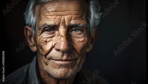 Portrait of an elderly man with a serene expression, deep wrinkles, and wise eyes, illuminated against a dark background