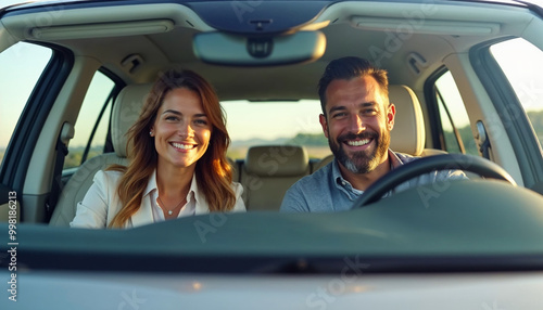 Front portrait of happy couple sitting in luxury car, man and woman enjoying road trip or buying new car, smiling at camera, windshield view