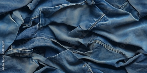 denim fabric, showing detailed stitching, frayed edges, and the subtle texture of worn denim fibers