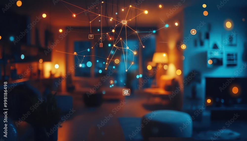 Fototapeta premium Smart home automation setup with connected devices like lights and thermostats, tech-savvy style, sharp focus, bright lighting