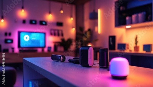 Smart home automation setup with connected devices like lights and thermostats, tech-savvy style, sharp focus, bright lighting