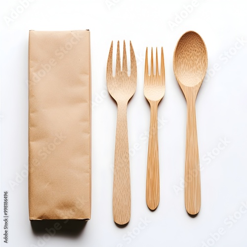 Composable Wooden Cutlery Set with Brown Paper Packaging on White Background photo