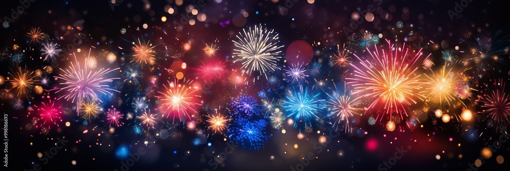 Fototapeta premium Colorful fireworks illuminate the night sky over a festive celebration in a vibrant city setting