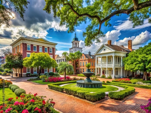 Scenic View of Hutchinson Square in Summerville South Carolina with Historic Buildings and Greenery photo