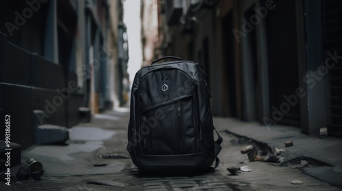 A solitary black backpack rests on a deserted urban street.