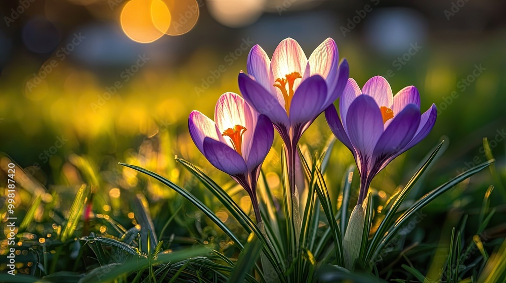 Close-up of purple crocuses growing amidst fresh green grass, their petals illuminated by the warm glow of the sun. Soft light enhances the textures of the blooms and surrounding area. Close-up of purple crocuses growing amidst fresh green grass, their petals illuminated by the warm glow of the sun. Soft light enhances the textures of the blooms and surrounding area.