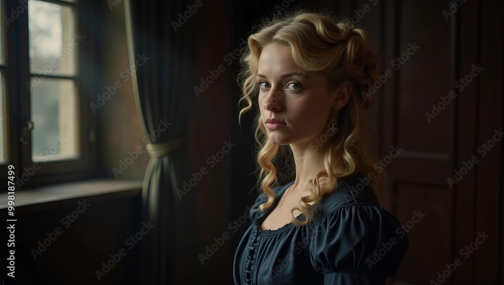 beautiful British girl from the 1890s with blonde hair half up and half down wearing a dark blue Victorian-era traveling dress castle room at night. beautiful British girl from the 1890s with blonde hair half up and half down wearing a dark blue Victorian-era traveling dress castle room at night.
