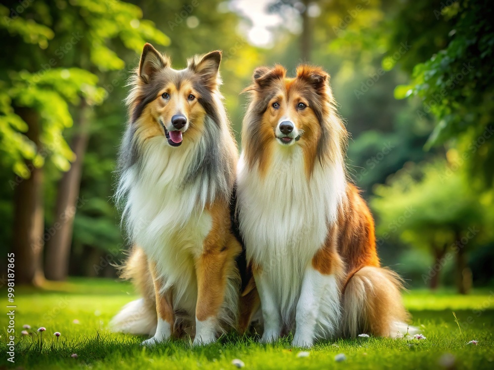 Scotch Collie and Rough Collie Breeds Standing Together in a Lush Green Park Under Bright Blue Sky Scotch Collie and Rough Collie Breeds Standing Together in a Lush Green Park Under Bright Blue Sky