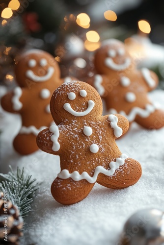 Three gingerbread men decorated with white icing and powdered sugar on a snowy surface with blurred lights in the background.