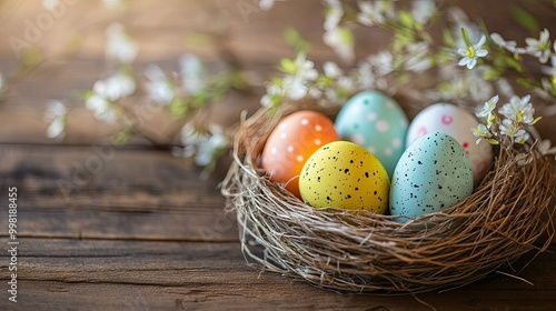 Colorful Easter eggs in a straw nest with soft spring flowers on a wooden background. The scene leaves space for Easter greetings, messages, or advertising.