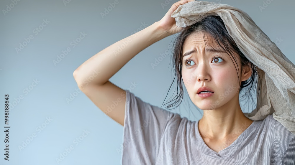 Woman recoiling with a disgusted expression holding a dirty stained piece of fabric at arms length her face contorted with distaste Woman recoiling with a disgusted expression holding a dirty stained piece of fabric at arms length her face contorted with distaste