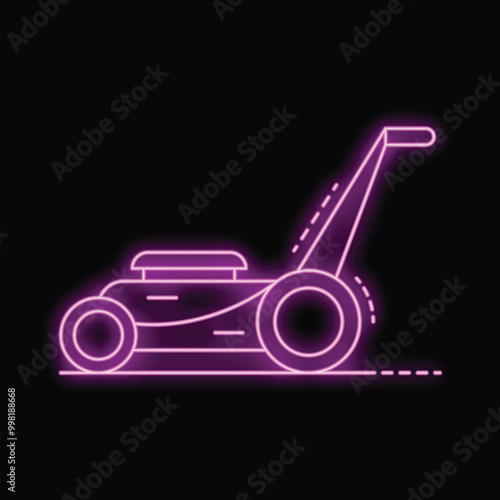 Neon sign of a lawnmower cutting grass, perfect for any project needing a bright, colorful illustration