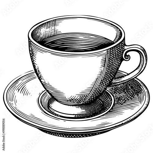 コーヒーカップとソーサーの銅版画のベクターイラスト。