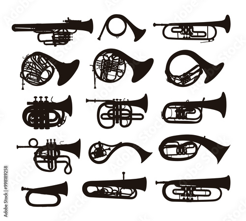 Set silhouettes of wind musical instruments.