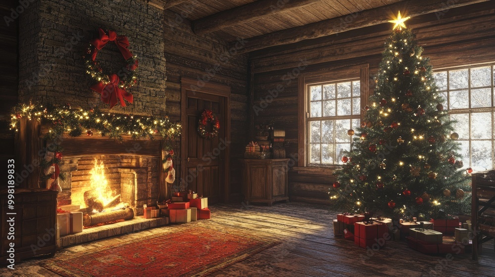 Cozy holiday scene inside a rustic wooden house. A crackling fireplace and a decorated Christmas tree fill the room with warmth and festive cheer. Cozy holiday scene inside a rustic wooden house. A crackling fireplace and a decorated Christmas tree fill the room with warmth and festive cheer.