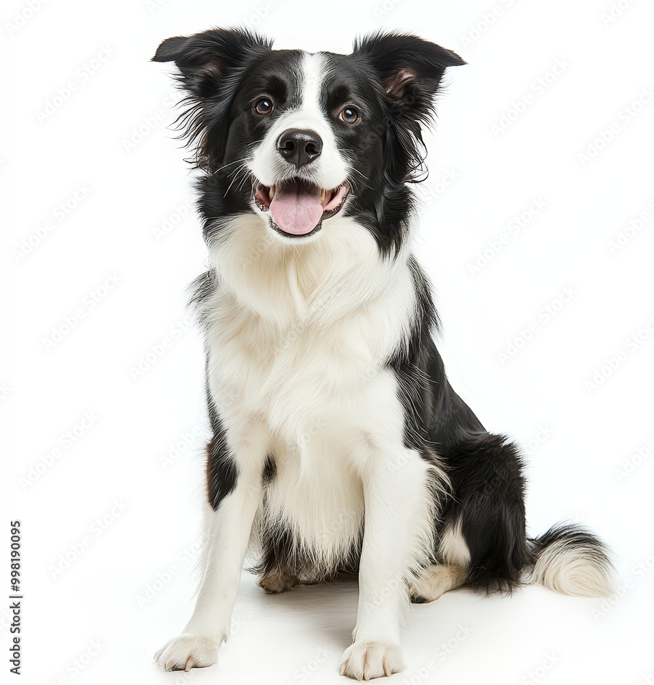 Cheerful Border Collie sitting with a playful expression and black and white fur on a white background. Cheerful Border Collie sitting with a playful expression and black and white fur on a white background.
