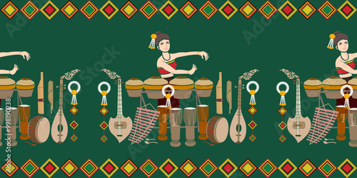 Female dancer plays the jars and the Pong Lang musical instruments such as the mandolin, Pong Lang, drums and the wot etc, on green background decorated with colorful the spider-web tung.Thai name.