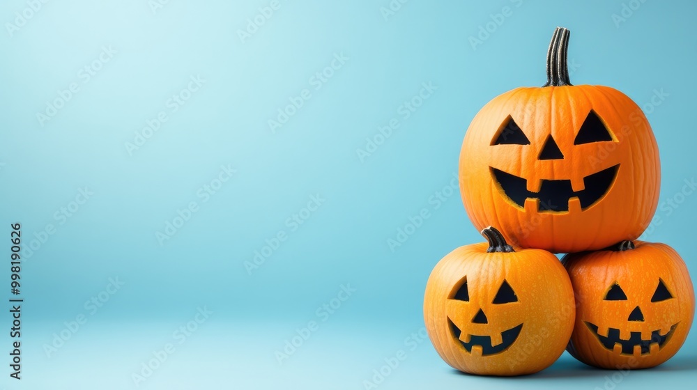 Spooky pumpkins on light blue background with text space for Halloween decoration Spooky pumpkins on light blue background with text space for Halloween decoration