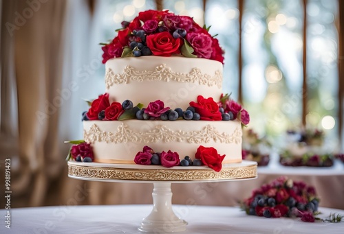 Stunning wedding cake adorned with red roses, perfectly prepared for the marriage celebration, symbolizing passion love and joy on the couple special day.