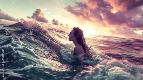 A woman gracefully swims in the vast ocean during a beautiful sunset