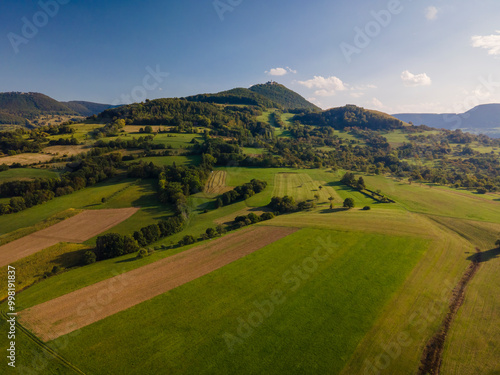 A flight above Dettingen Teck towards the Castle Teck which is located high above the mountain 