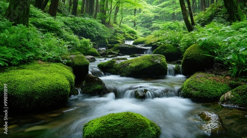 Crystal-clear stream flowing through moss-covered rocks in the Rock Garden of Mt. Mitake, surrounded by thick greenery and the beauty of nature in Ome, Tokyo.