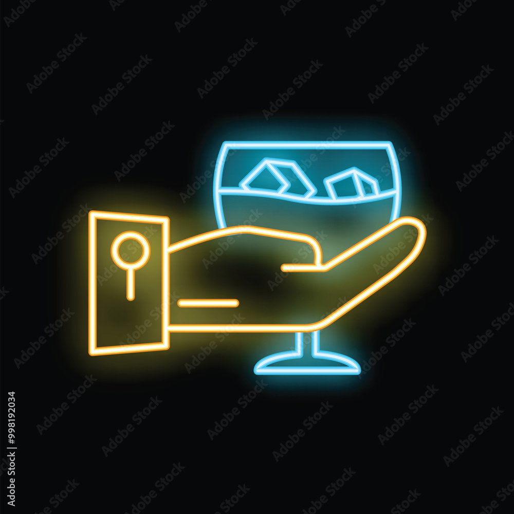 Neon sign icon of a bartender hand holding a cocktail glass with ice cubes, perfect for bar and nightlife themes Neon sign icon of a bartender hand holding a cocktail glass with ice cubes, perfect for bar and nightlife themes