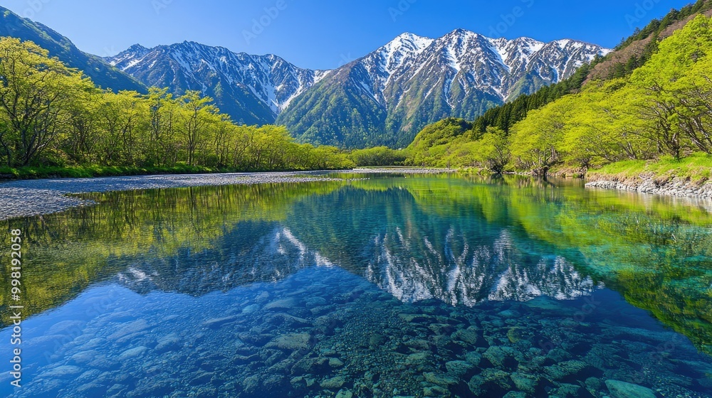Fototapeta premium Crystal-clear waters of the Azusa River reflecting the vibrant greenery and majestic Hotaka Mountains, showcasing the natural beauty of Kamikachi in spring.