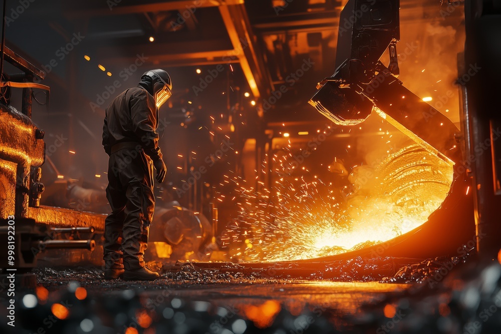 metallurgist in a foundry, standing near a molten metal furnace metallurgist in a foundry, standing near a molten metal furnace