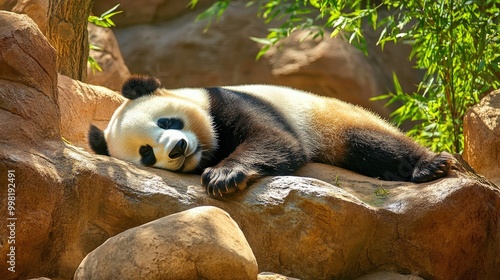 Cute giant panda bear sleeping in the shade of its zoo enclosure, surrounded by natural elements like bamboo and rocks. photo