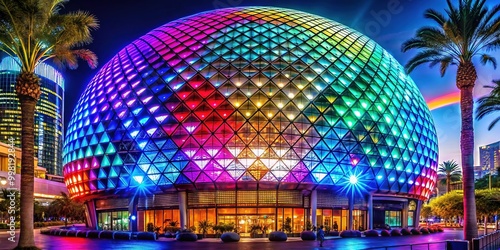 Stunning Nighttime View of MSG Sphere in Las Vegas Illuminated with Colorful Lights and Patterns