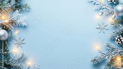 Festive winter scene featuring frosted pine branches, shiny silver ornaments, snowflakes, and warm lights on a blue background