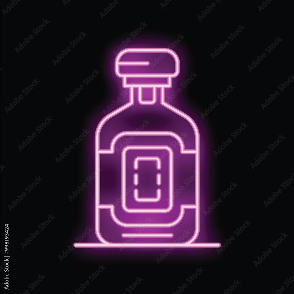Neon sign of a bottle glowing pink on a black background Neon sign of a bottle glowing pink on a black background