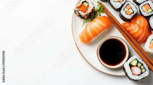 Assorted sushi and maki rolls on plate with soy sauce photo