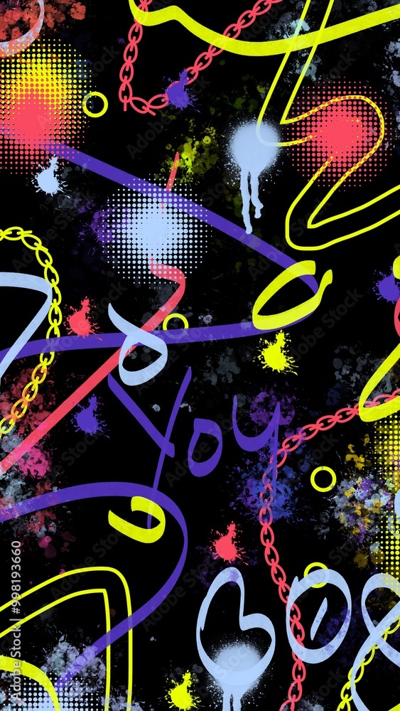 Obraz premium Black background, colorful lines, paint splatters, chains, polka dots. Graffiti background illustration