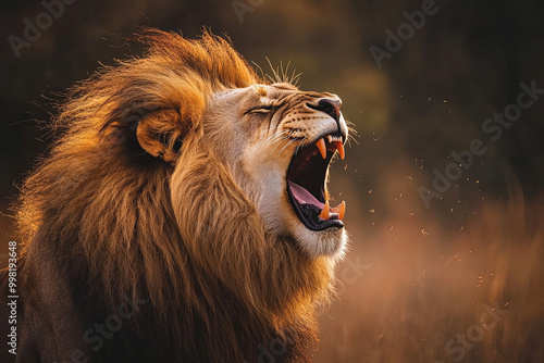 Lion roaring with its mane blowing in the wind