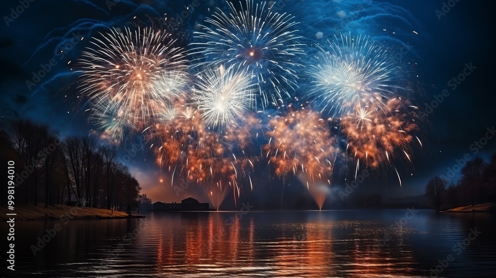 Obraz premium Celebratory fireworks lighting up the night sky over a calm lake during a summer festival