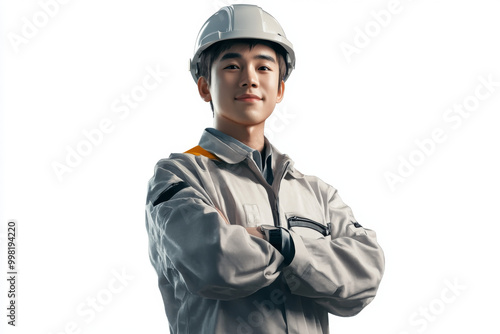 Asian engineer in uniform, standing with hands on hips.