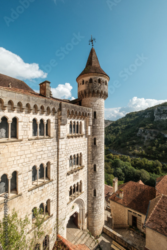 A tower at the entrance to the Sanctuaire, a religious complex of 8 chapels, on the cliffs in the sacred village of Rocamadour in the Lot region of France