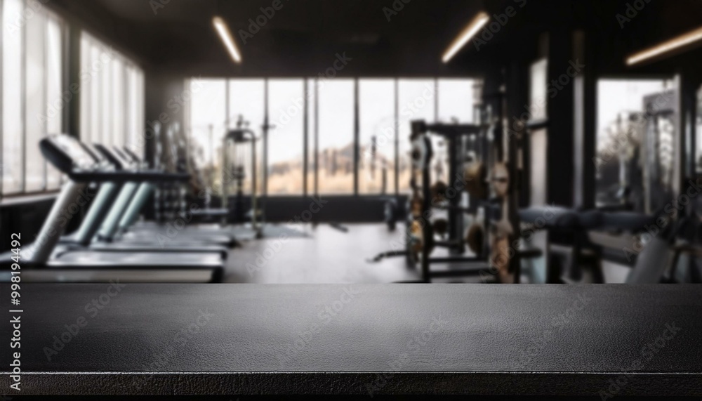 Black table top with gym background for product. Empty countertop mockup for sports nutrition or equipment. the gym Black table top with gym background for product. Empty countertop mockup for sports nutrition or equipment. the gym