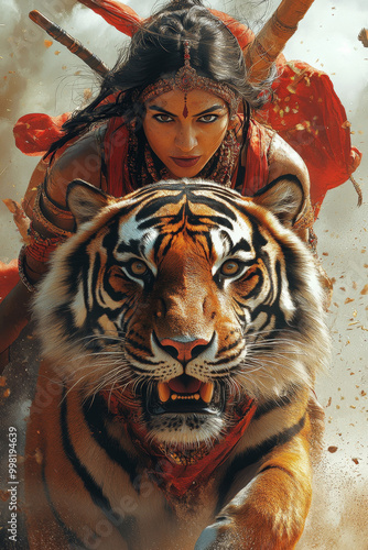 Fierce woman standing with a tiger, blending into nature.