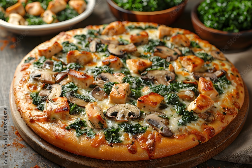 Freshly Baked Chicken Spinach Mushroom Pizza on Wooden Board for Gourmet Recipes and Restaurant Menus Freshly Baked Chicken Spinach Mushroom Pizza on Wooden Board for Gourmet Recipes and Restaurant Menus
