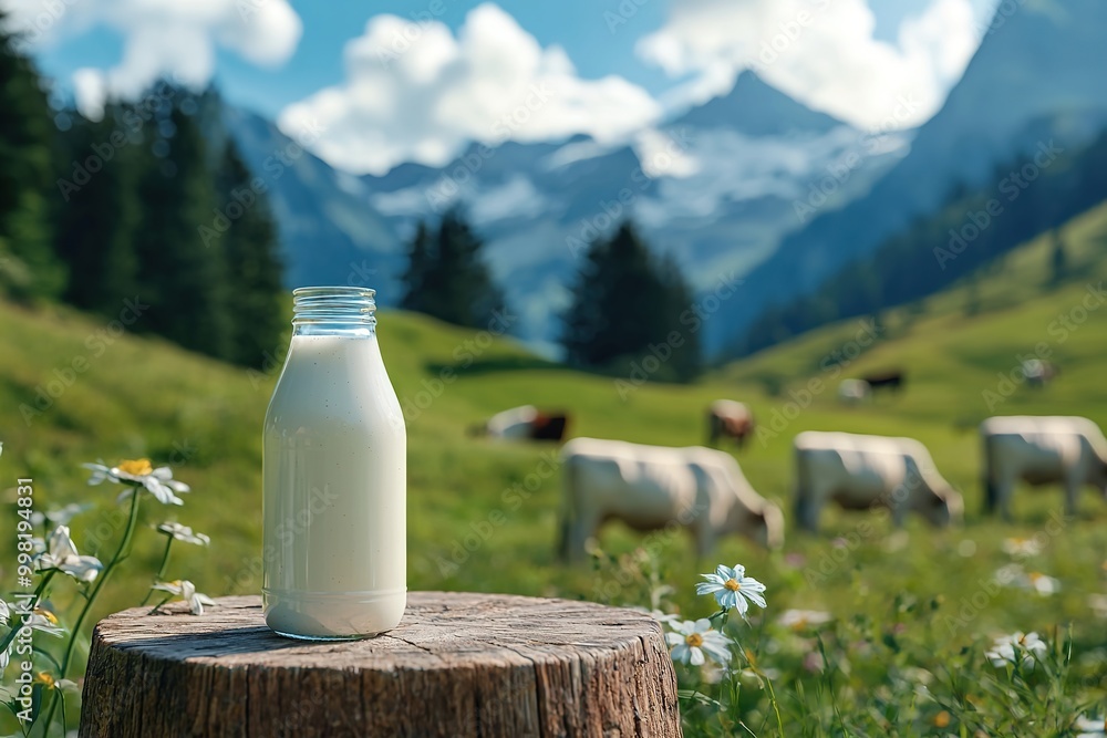 Bottle of fresh milk on a rustic wooden tabel outdoors in the mountains of the Alps in Switzerland. Ai Generative Bottle of fresh milk on a rustic wooden tabel outdoors in the mountains of the Alps in Switzerland. Ai Generative