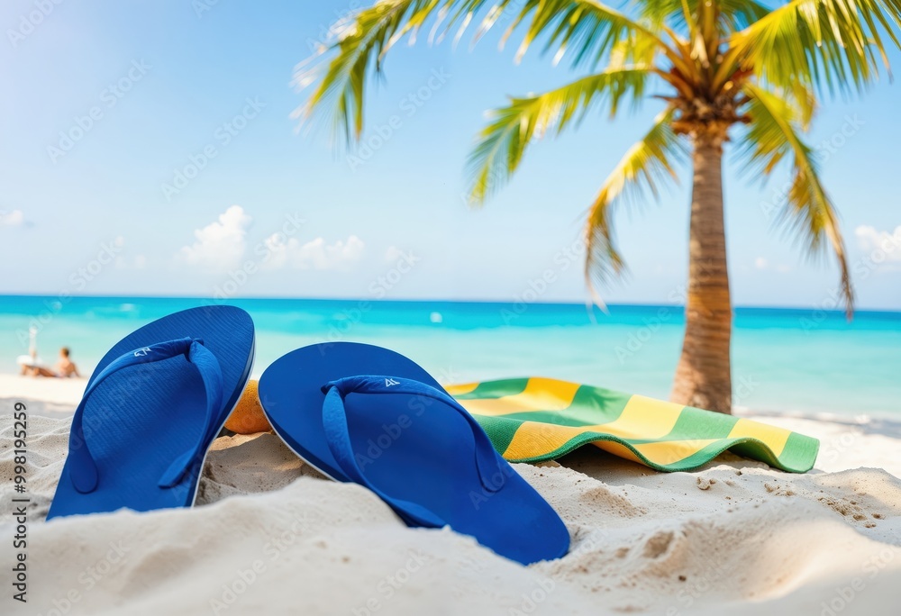 Relaxing Beach Day with Blue Flip-Flops, Palm Tree, and Ocean View Relaxing Beach Day with Blue Flip-Flops, Palm Tree, and Ocean View