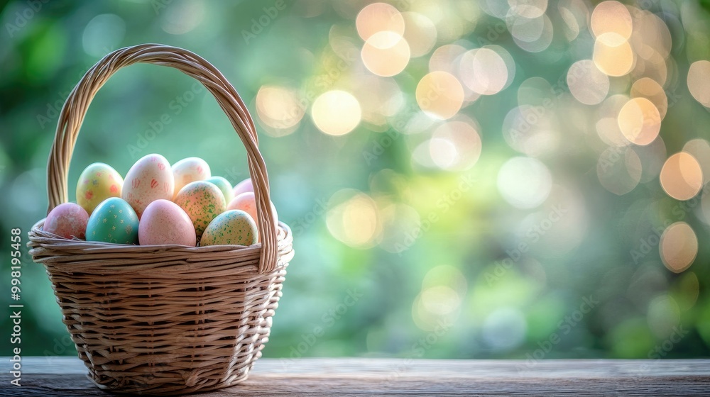 Easter basket filled with colorful eggs on a wooden table, set against a beautiful green background with blurred bokeh lights. Space for Easter messages or greetings. Easter basket filled with colorful eggs on a wooden table, set against a beautiful green background with blurred bokeh lights. Space for Easter messages or greetings.