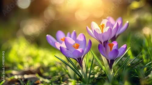 Early spring crocus flowers blooming in a sunlit garden, their purple petals glowing in the light. The fresh green grass provides a soft, natural backdrop for this vibrant display.