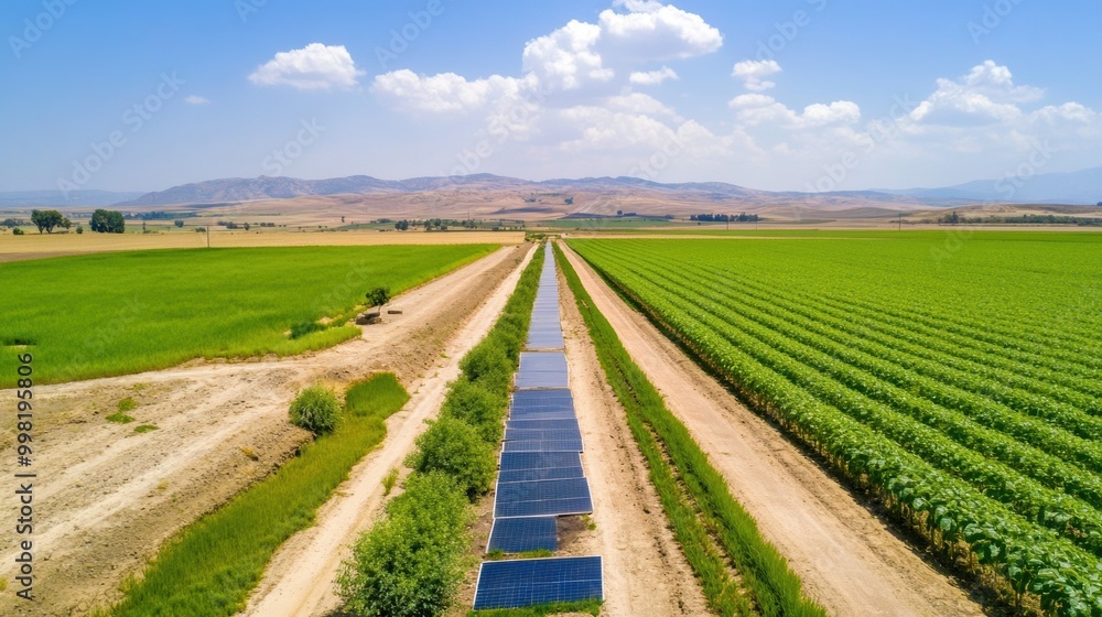 Serene Farmland Landscape with Irrigation Channels and Lush Green Crops Serene Farmland Landscape with Irrigation Channels and Lush Green Crops