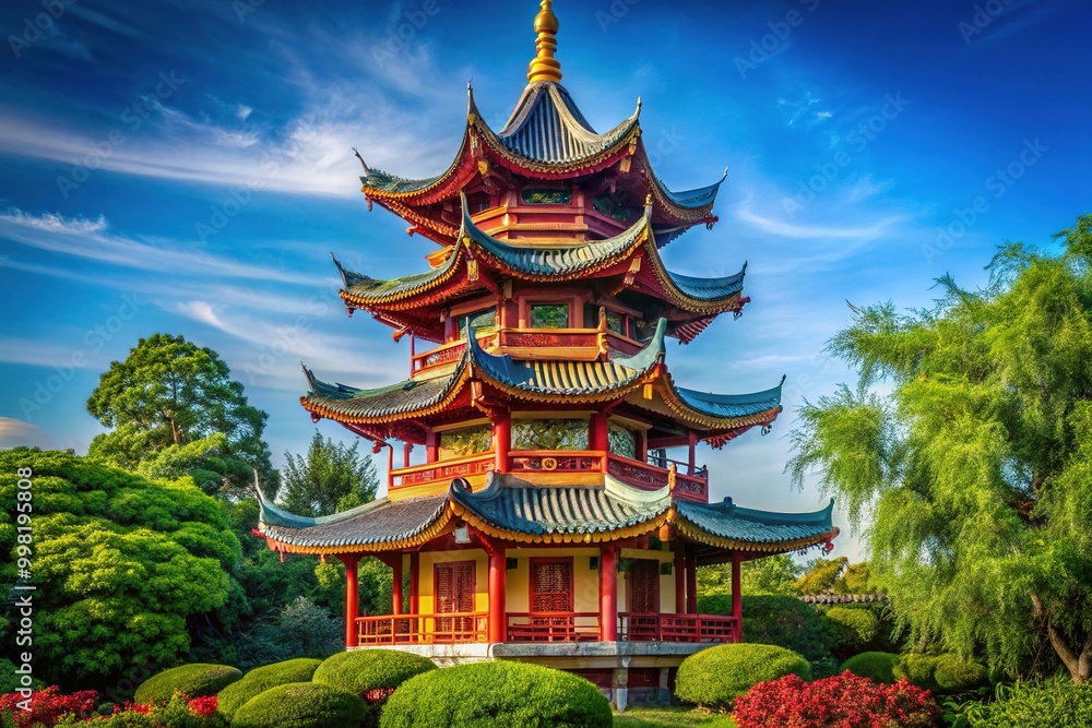 Fototapeta premium Traditional Pagodon Structure Surrounded by Lush Greenery Against a Clear Blue Sky Background