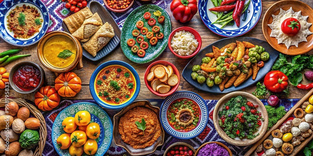 Traditional Azerbaijani Feast Celebrating Gurban Bayram with Colorful Dishes and Festive Decor Traditional Azerbaijani Feast Celebrating Gurban Bayram with Colorful Dishes and Festive Decor