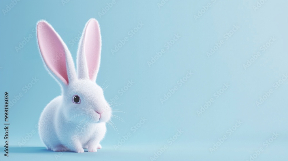 Adorable white rabbit on pastel blue background Adorable white rabbit on pastel blue background